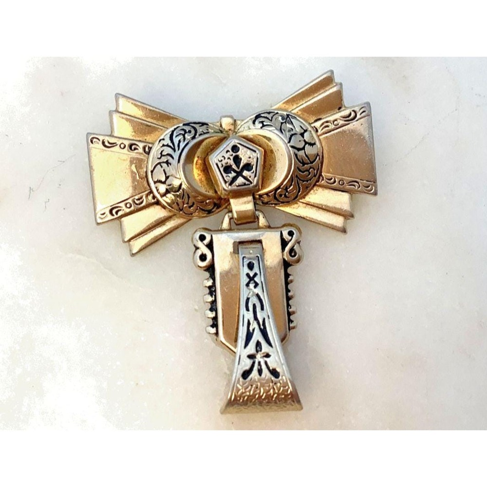Vintage Brooch Victorian Revival Gold Tone Taille D'epargne Bow Pin with Dangle